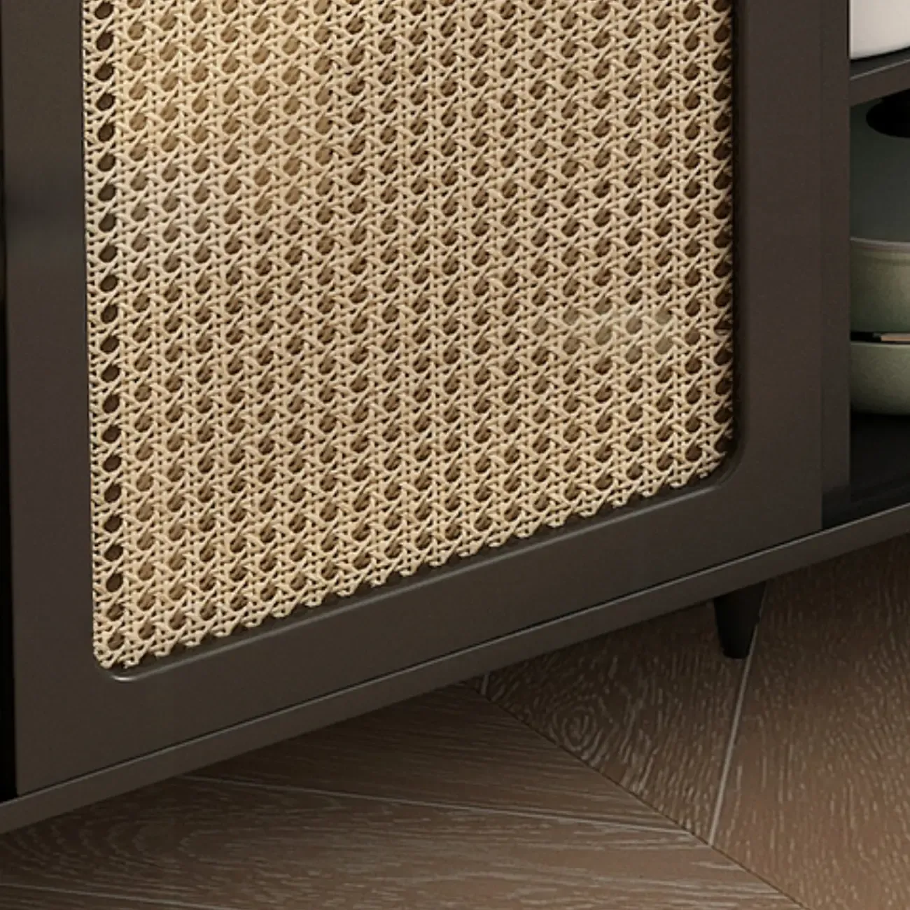 Kitchen Espresso Wood Black Rattan Door Sideboard Image - 8