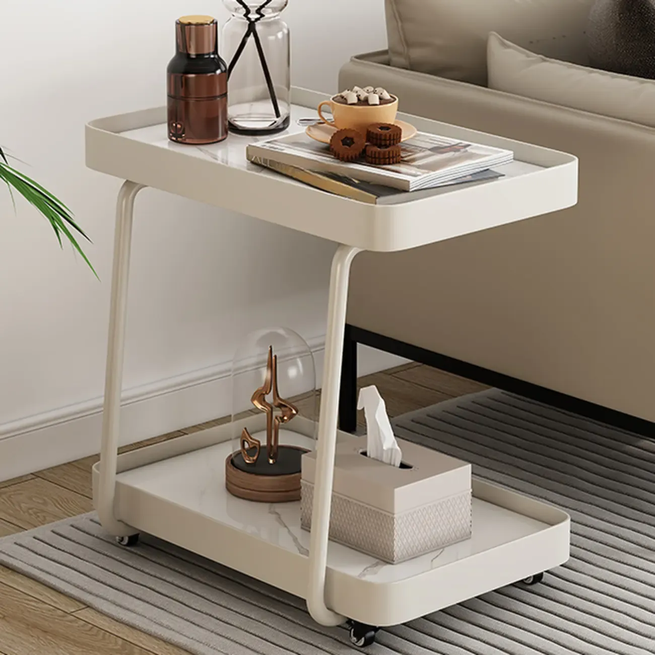 Modern C-Shaped White Stone Rectangular Swivel Side Table Image - 3