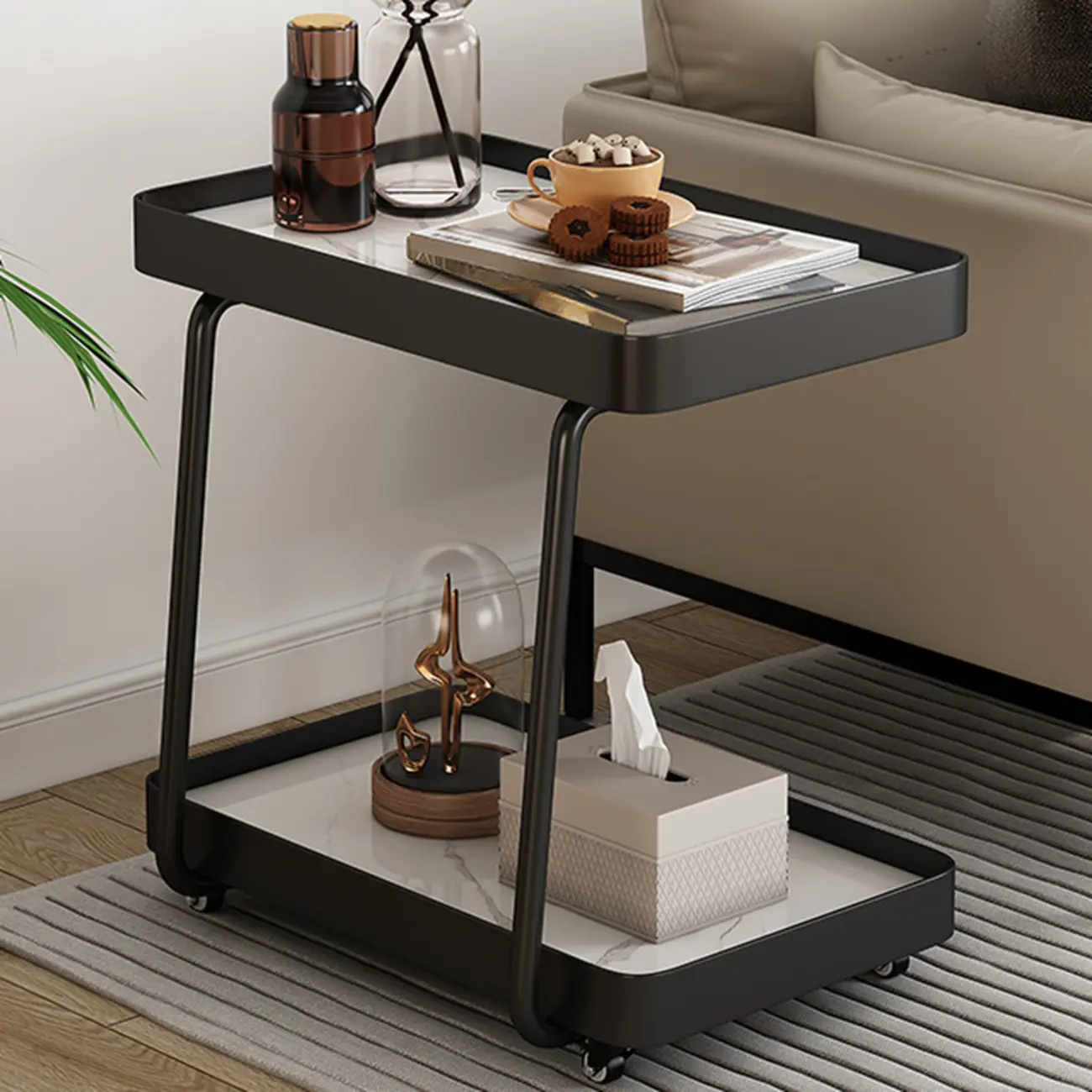 Modern C-Shaped White Stone Rectangular Swivel Side Table Image - 2 | homeyfad