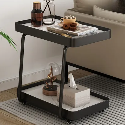 Modern C-Shaped White Stone Rectangular Swivel Side Table Image - 2