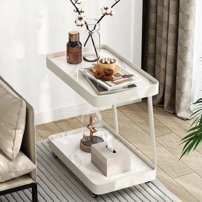 Modern C-Shaped White Stone Rectangular Swivel Side Table Image - 5
