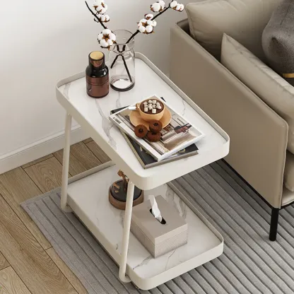 Modern C-Shaped White Stone Rectangular Swivel Side Table Image - 4