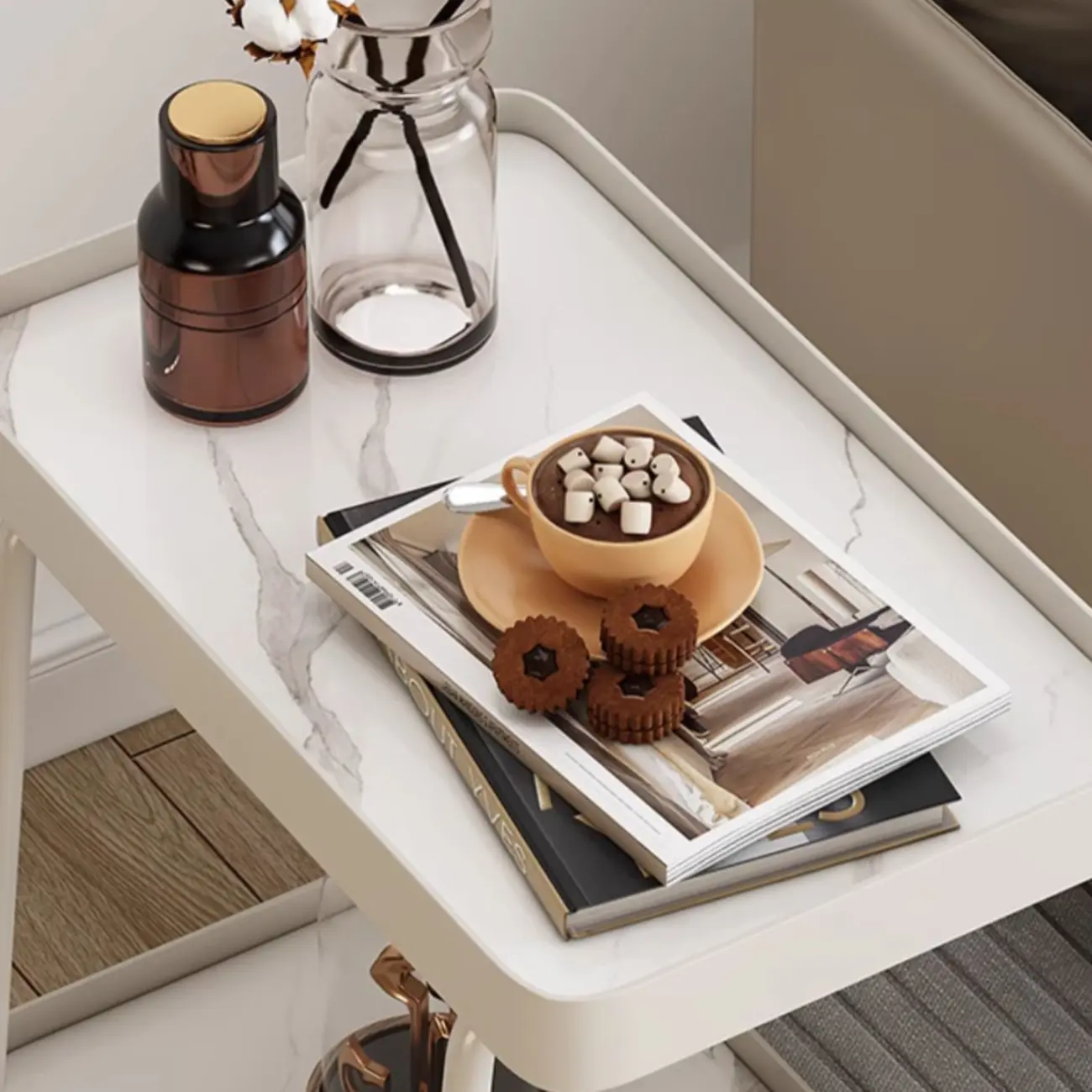 Modern C-Shaped White Stone Rectangular Swivel Side Table Image - 6 | homeyfad