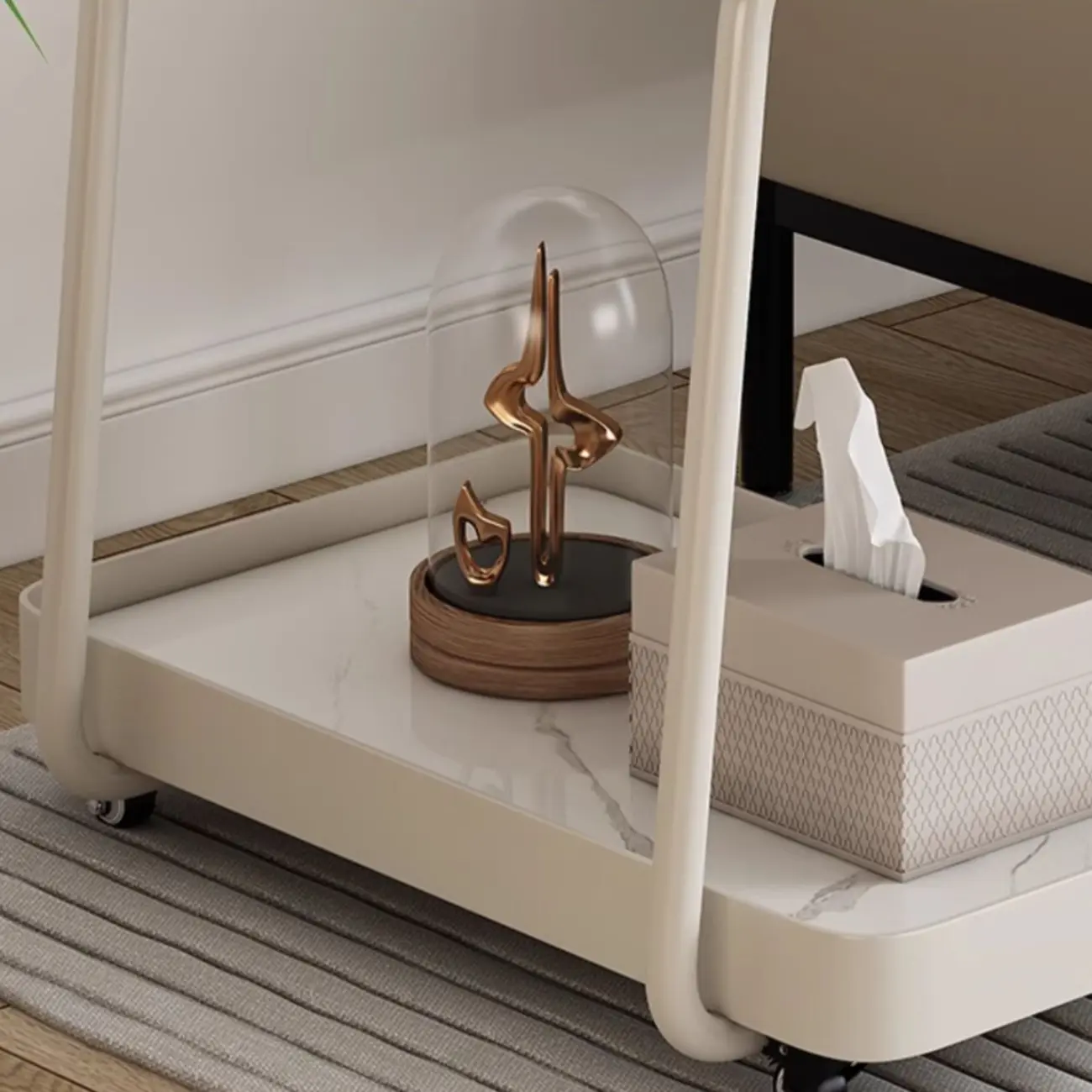 Modern C-Shaped White Stone Rectangular Swivel Side Table Image - 7 | homeyfad