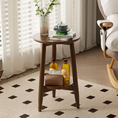Compact Round Nut-Brown Wooden 2-Layer Side Table Image - 1