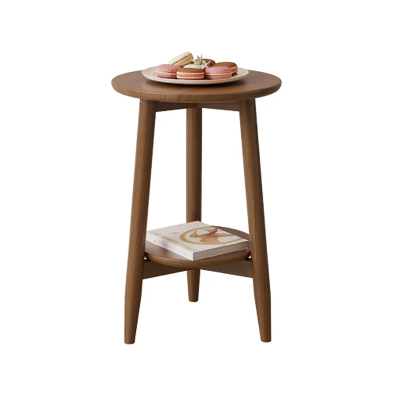 Compact Round Nut-Brown Wooden 2-Layer Side Table Image - 3