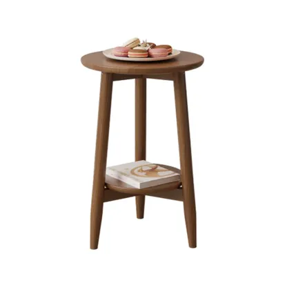 Compact Round Nut-Brown Wooden 2-Layer Side Table Image - 3