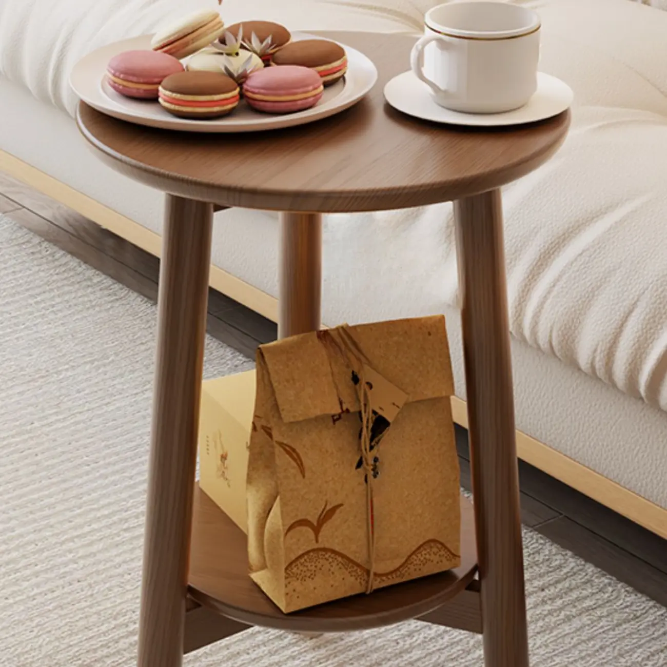 Compact Round Nut-Brown Wooden 2-Layer Side Table Image - 2 | homeyfad
