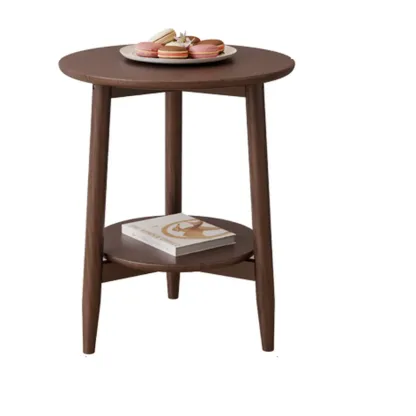 Compact Round Nut-Brown Wooden 2-Layer Side Table Image - 9