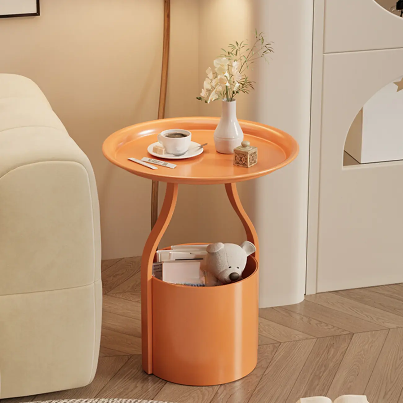 Orange Abstract Metal Round Tray Top Side Table Image - 1 | homeyfad