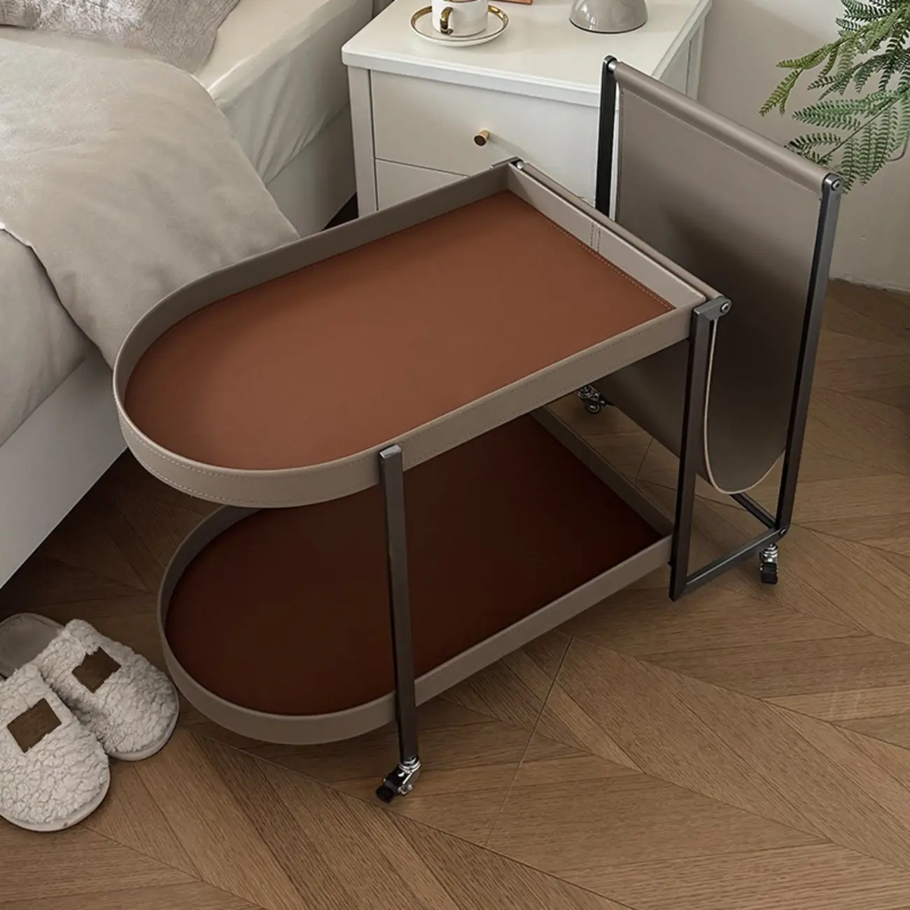 Oval Faux Leather Top 2-Tier Swivel End Table for Living Room Image - 4 | homeyfad