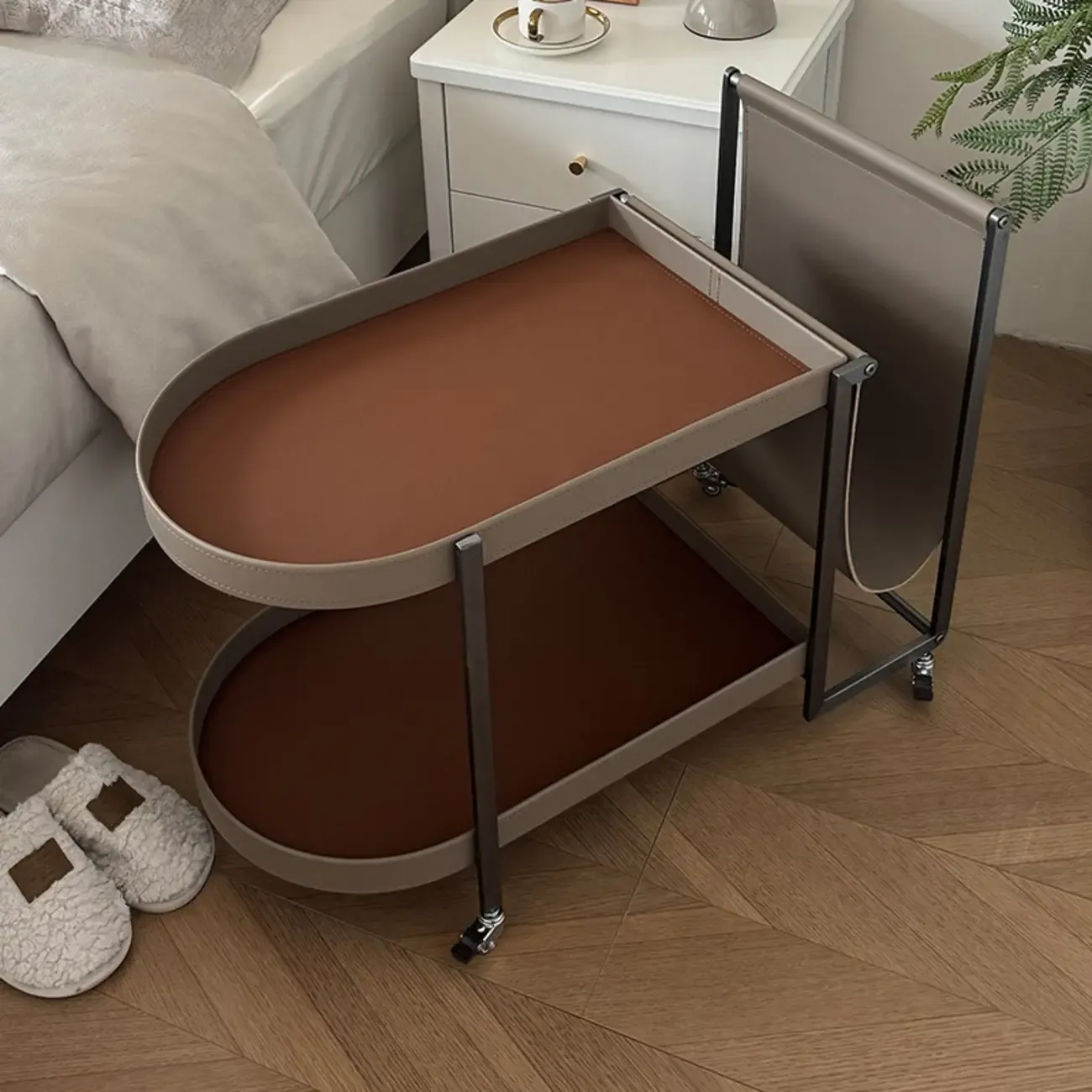 Oval Faux Leather Top 2-Tier Swivel End Table for Living Room Image - 4