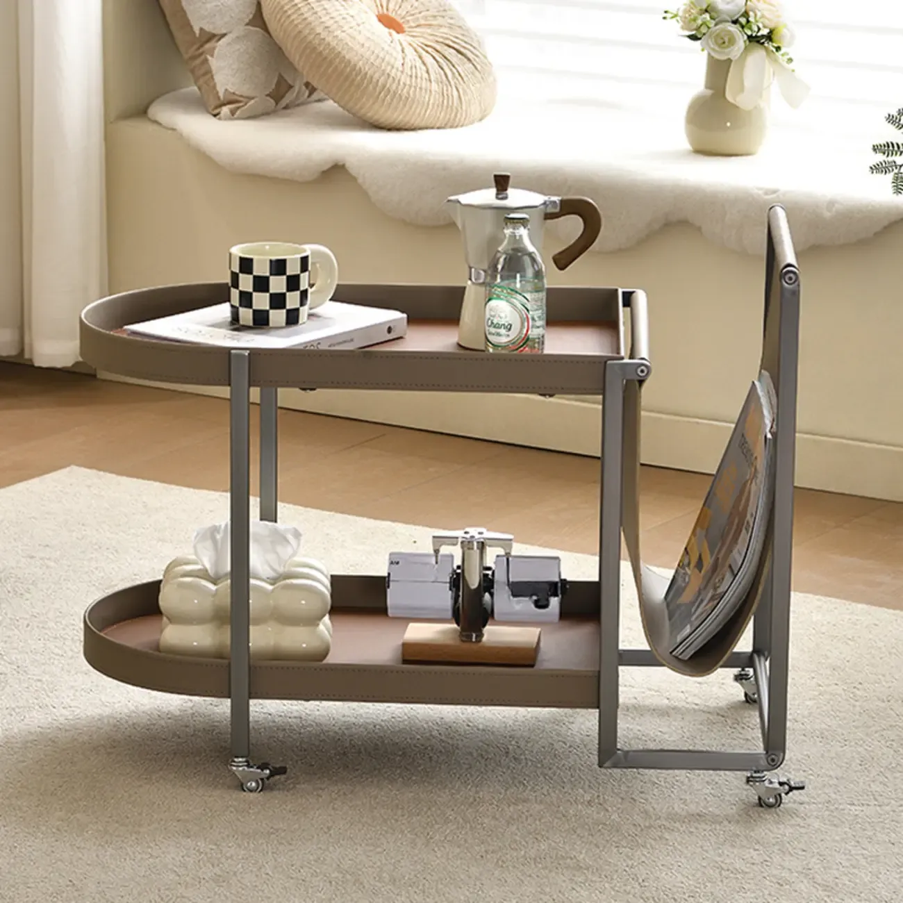 Oval Faux Leather Top 2-Tier Swivel End Table for Living Room Image - 3