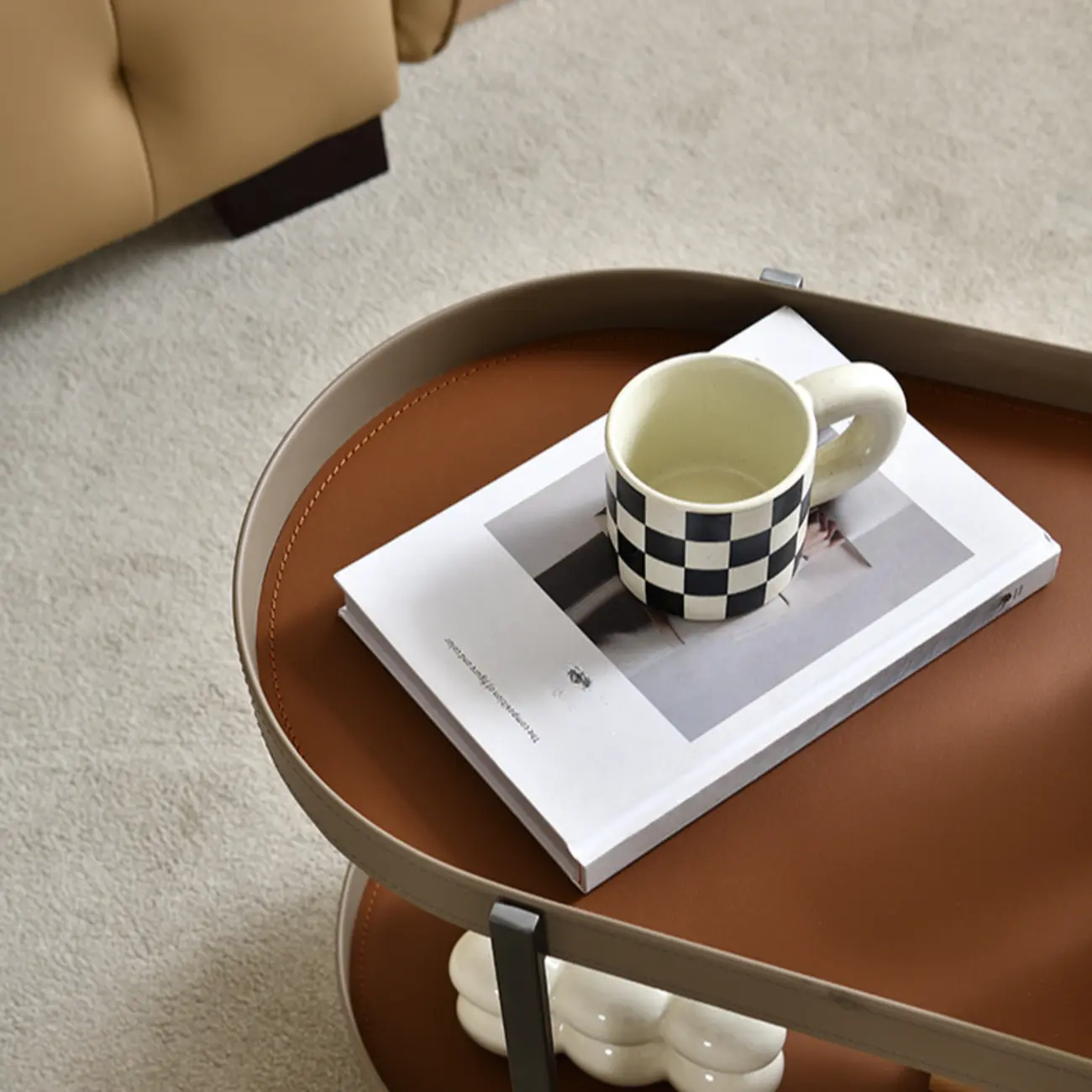 Oval Faux Leather Top 2-Tier Swivel End Table for Living Room Image - 6 | homeyfad