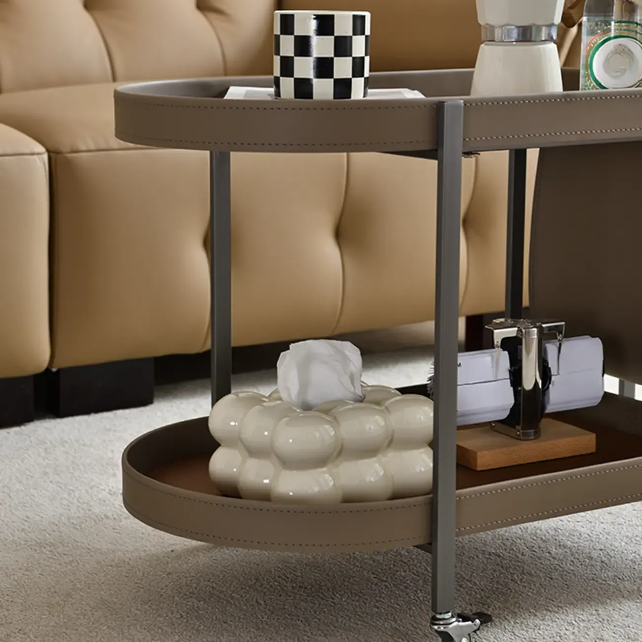 Oval Faux Leather Top 2-Tier Swivel End Table for Living Room Image - 7