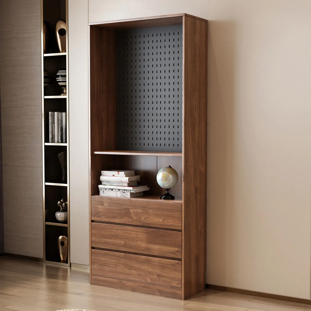 Traditional Pecan Wood Bookcase with Drawers Image - 4 | homeyfad