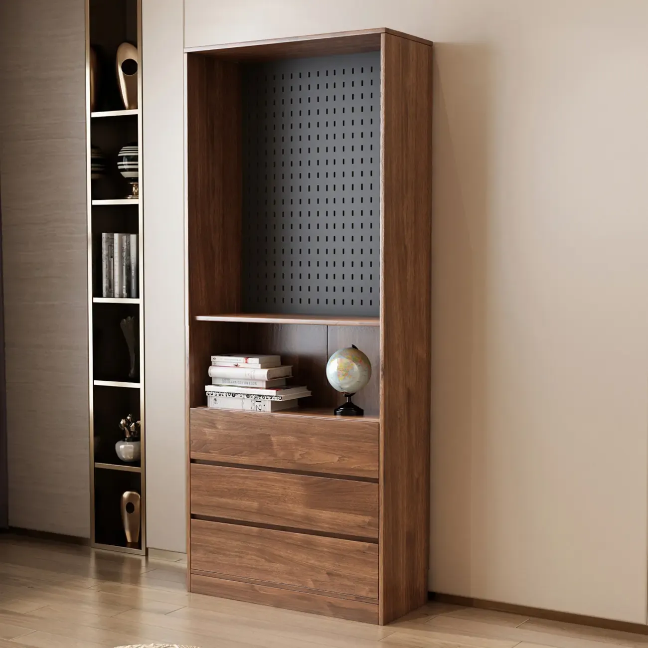 Traditional Pecan Wood Bookcase with Drawers Image - 4