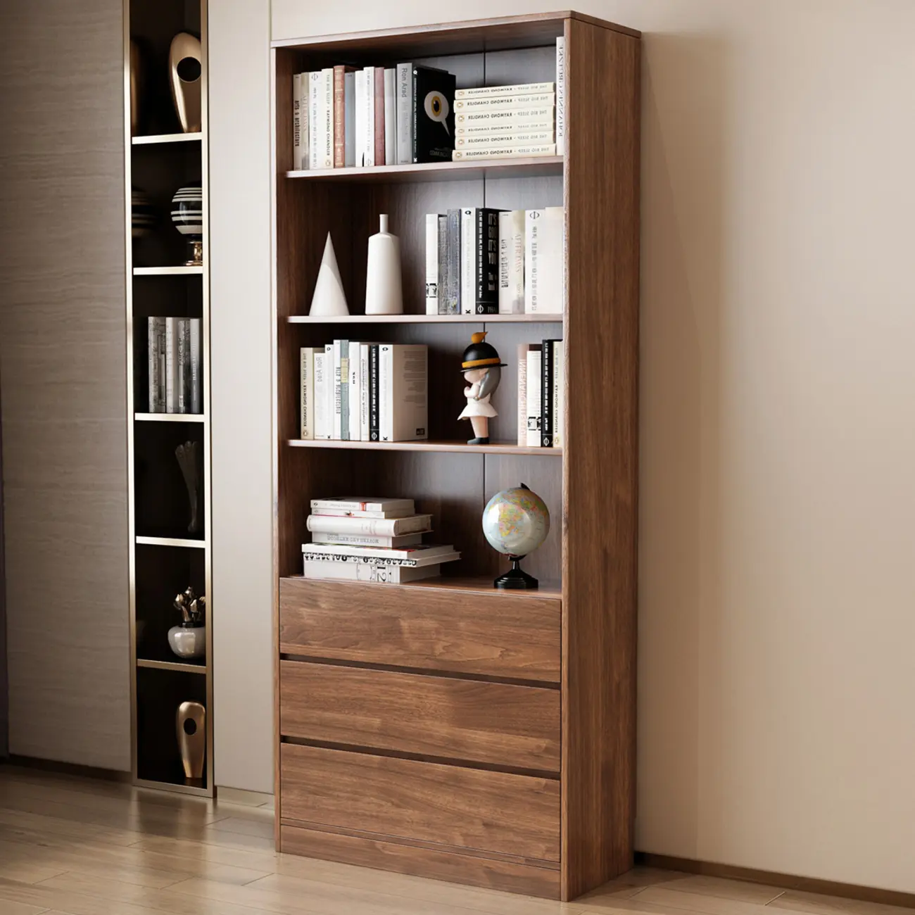 Traditional Pecan Wood Bookcase with Drawers Image - 5 | homeyfad