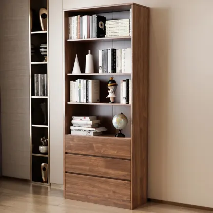 Traditional Pecan Wood Bookcase with Drawers Image - 5