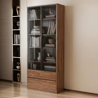 Traditional Pecan Wood Bookcase with Drawers Image - 6