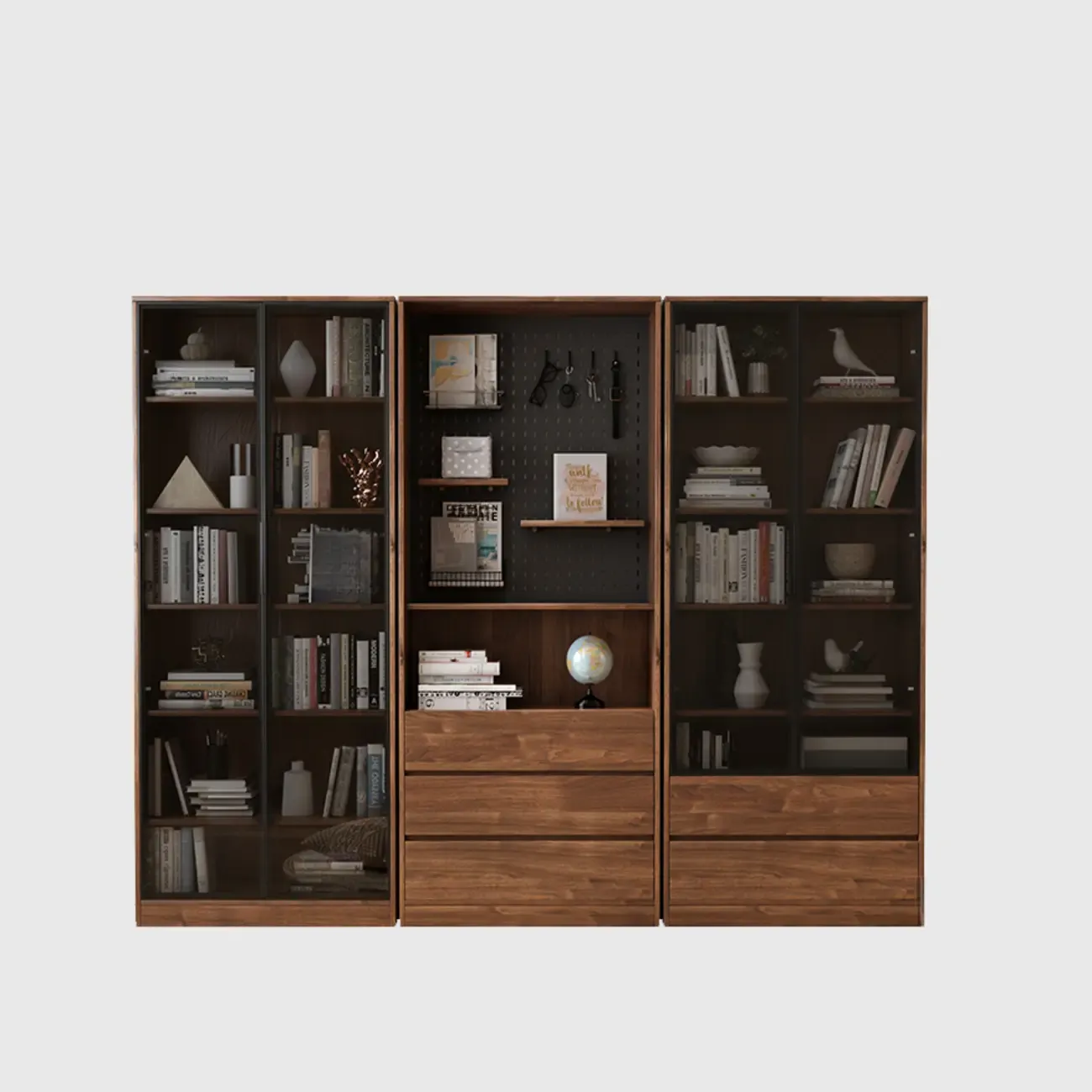 Traditional Pecan Wood Bookcase with Drawers Image - 12