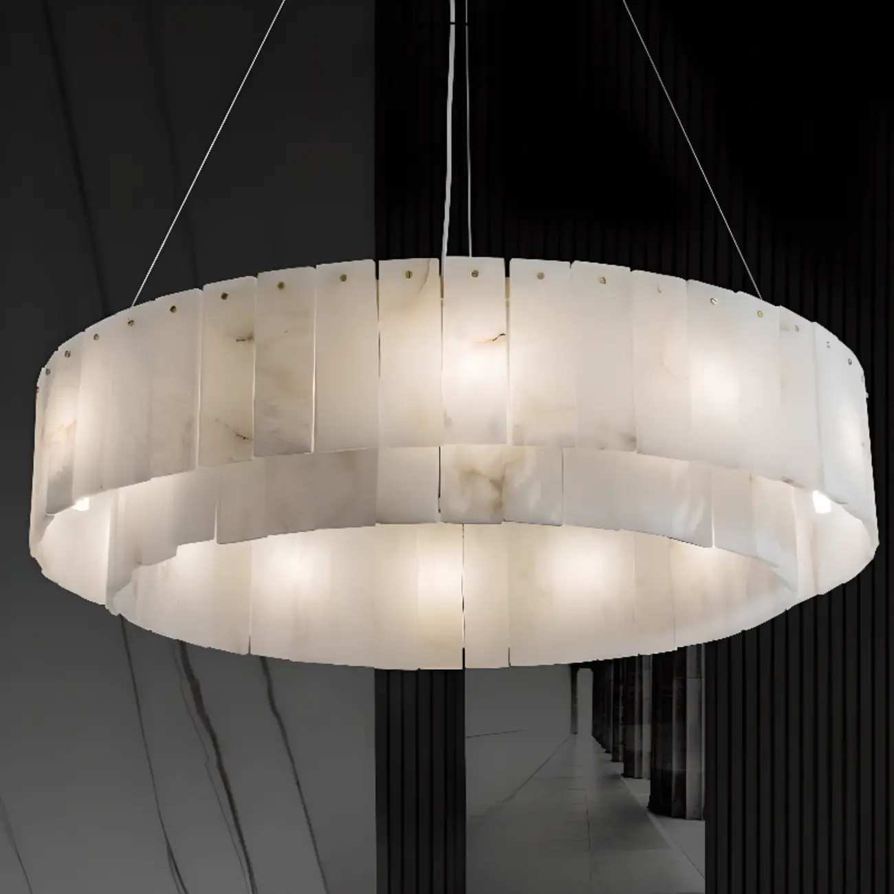 2-Tiers White Metal Circle Alabaster Drum Chandelier Image - 5 | homeyfad