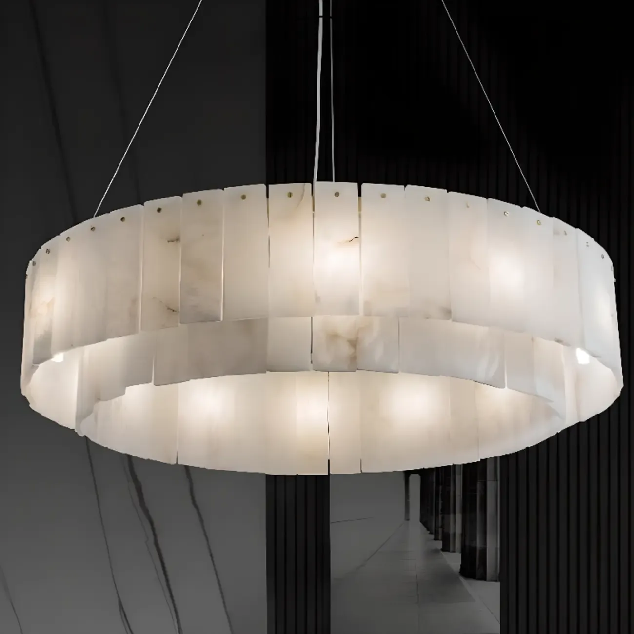 2-Tiers White Metal Circle Alabaster Drum Chandelier Image - 5