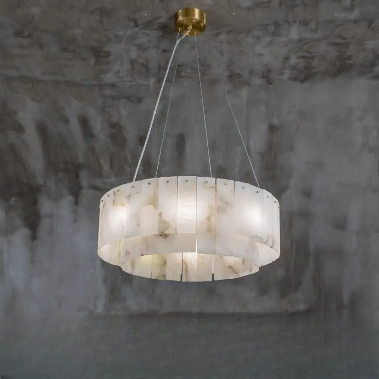 2-Tiers White Metal Circle Alabaster Drum Chandelier Image - 7