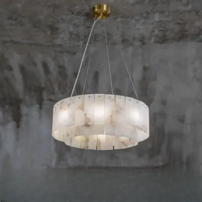 2-Tiers White Metal Circle Alabaster Drum Chandelier Image - 7