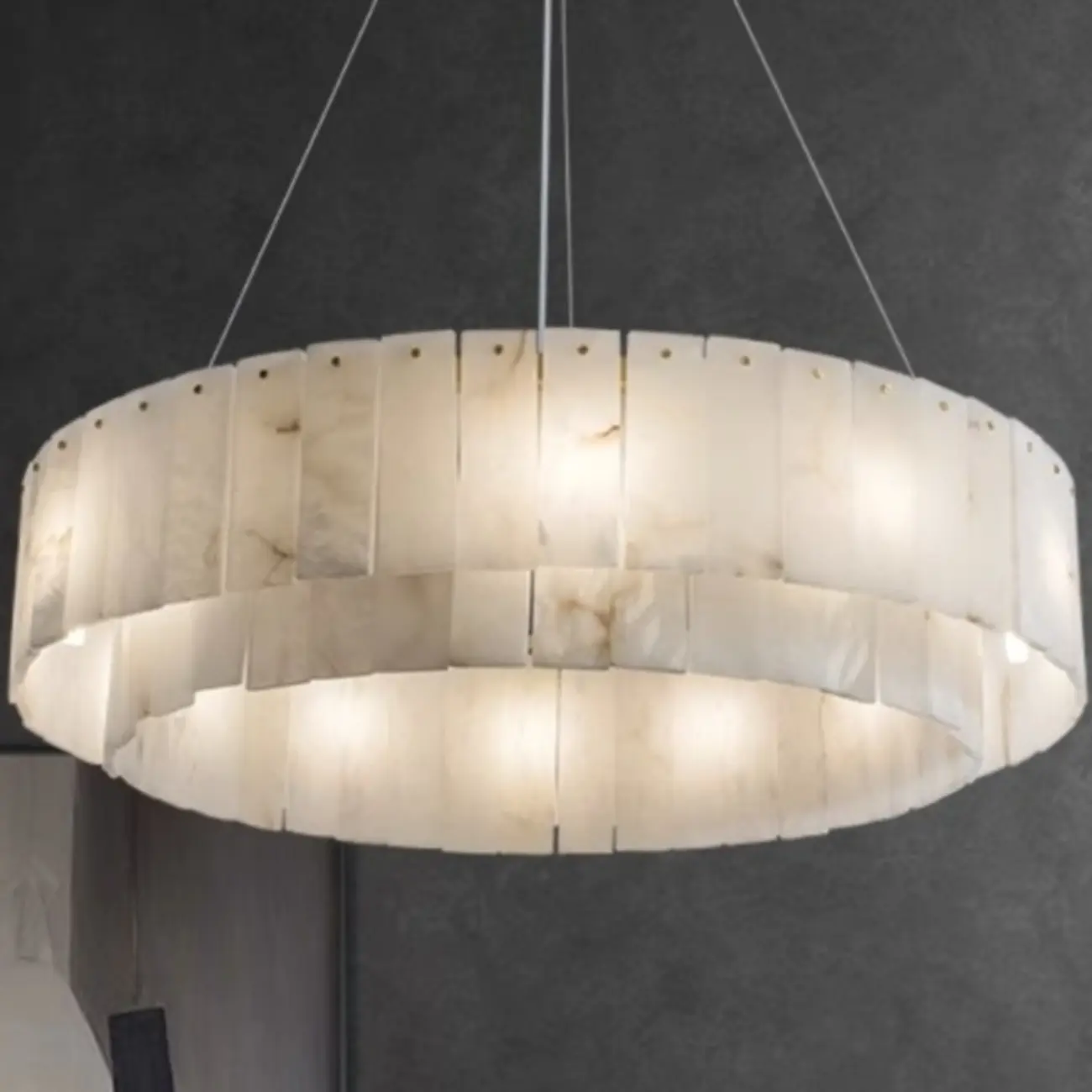 2-Tiers White Metal Circle Alabaster Drum Chandelier Image - 8 | homeyfad