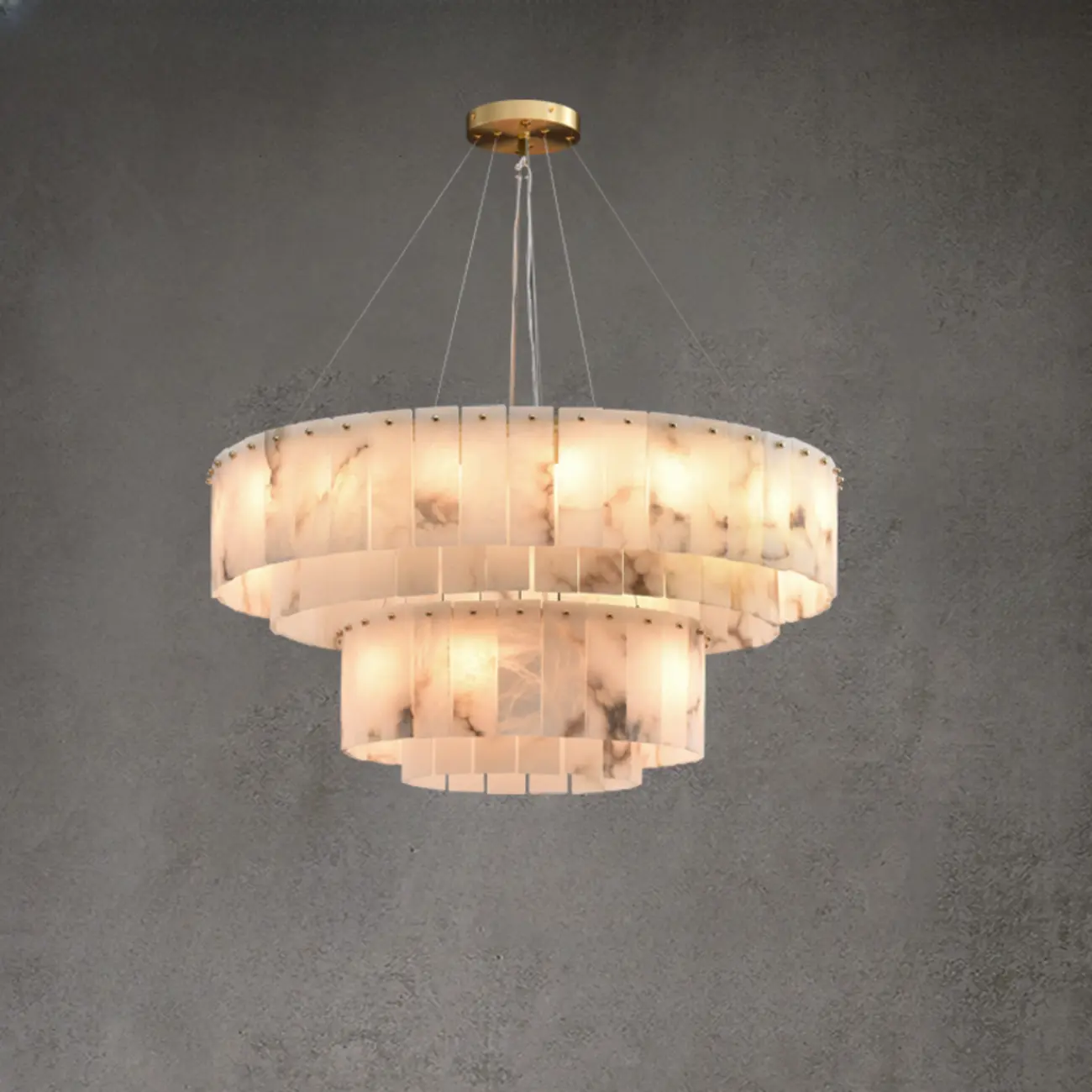 2-Tiers White Metal Circle Alabaster Drum Chandelier Image - 2 | homeyfad