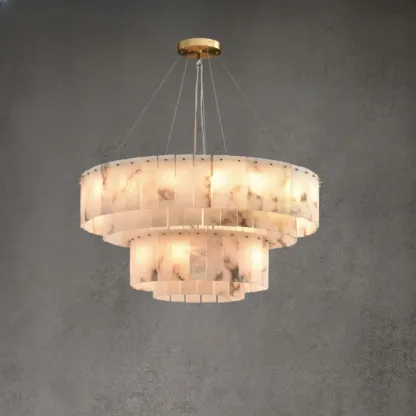 2-Tiers White Metal Circle Alabaster Drum Chandelier Image - 2