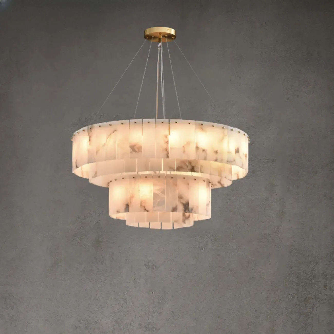 2-Tiers White Metal Circle Alabaster Drum Chandelier Image - 1