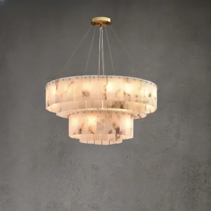 2-Tiers White Metal Circle Alabaster Drum Chandelier Image - 1