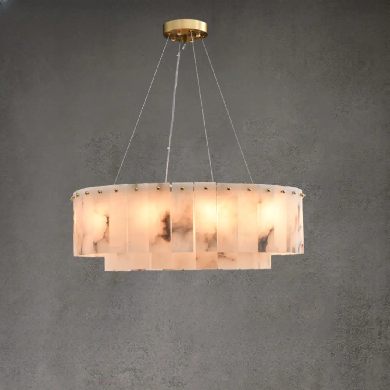 2-Tiers White Metal Circle Alabaster Drum Chandelier Image - 3 | homeyfad