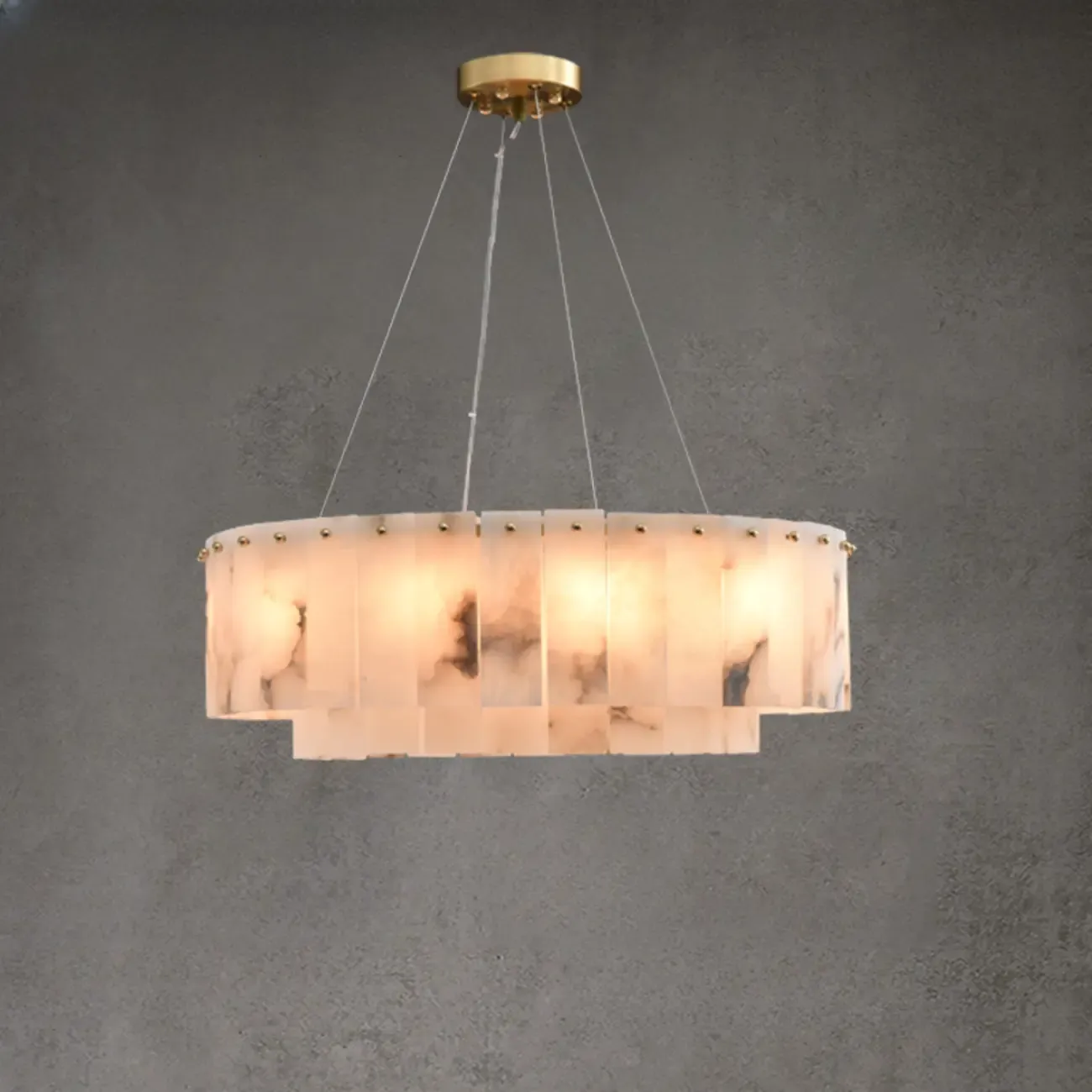 2-Tiers White Metal Circle Alabaster Drum Chandelier Image - 3