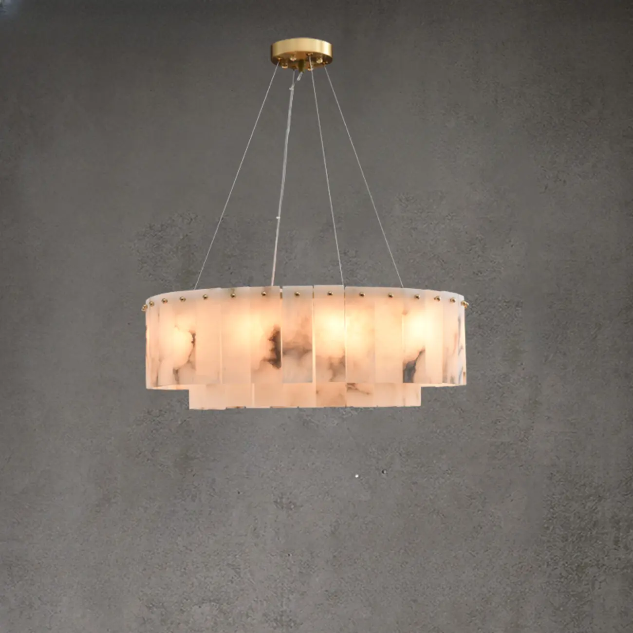 2-Tiers White Metal Circle Alabaster Drum Chandelier Image - 4 | homeyfad