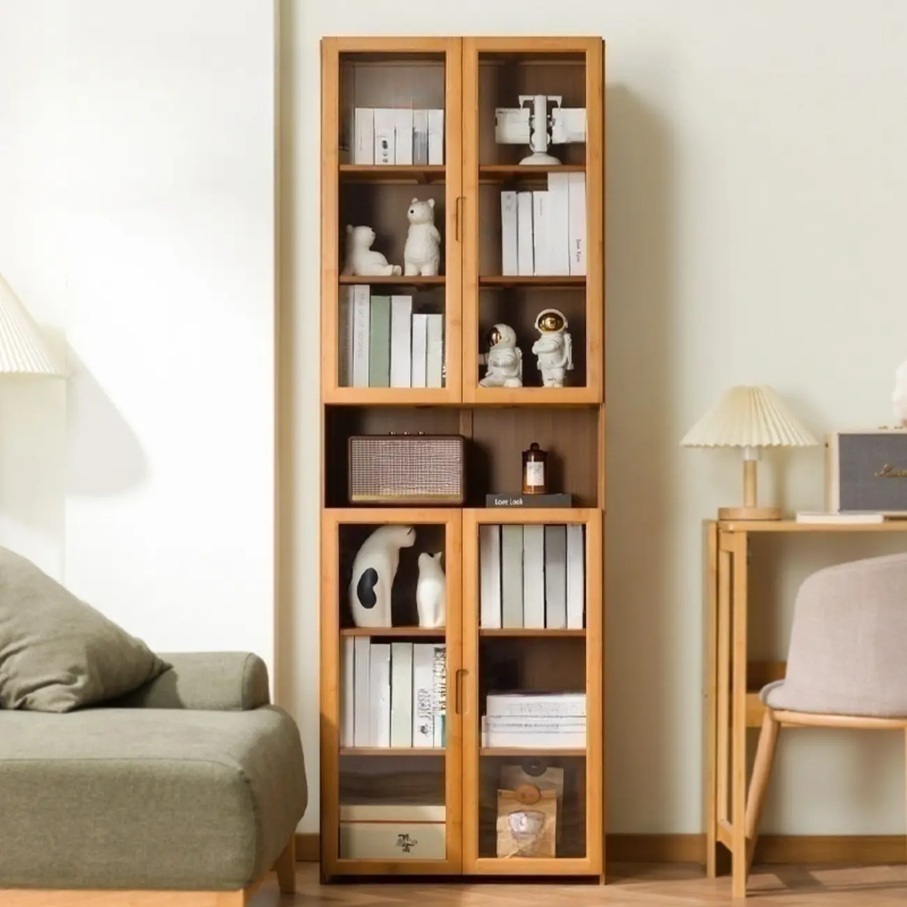 Freestanding Vintage Bamboo Curio Cabinet with Glass Door Image - 1 | homeyfad