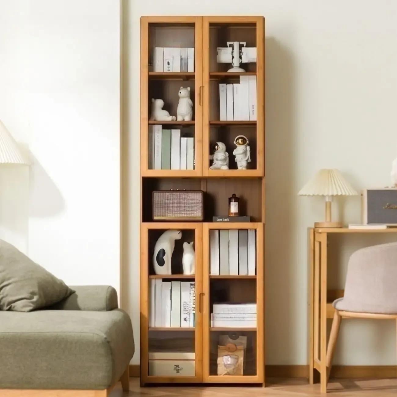 Freestanding Vintage Bamboo Curio Cabinet with Glass Door Image - 1