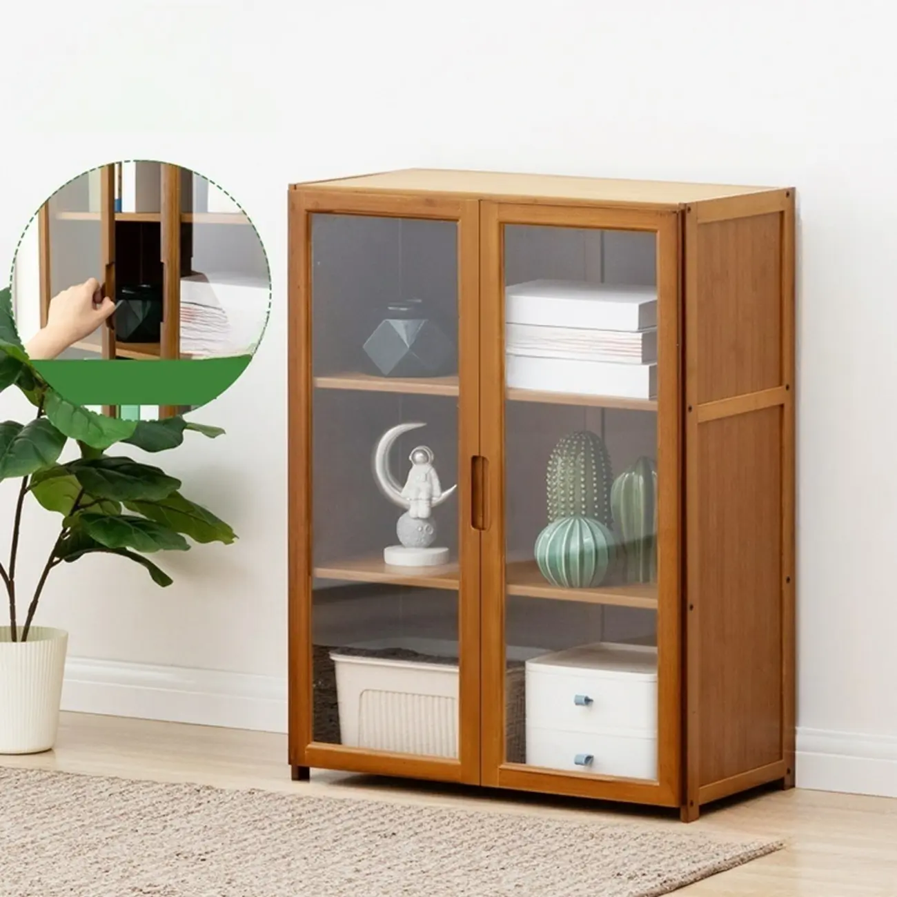 Freestanding Vintage Bamboo Curio Cabinet with Glass Door Image - 3 | homeyfad