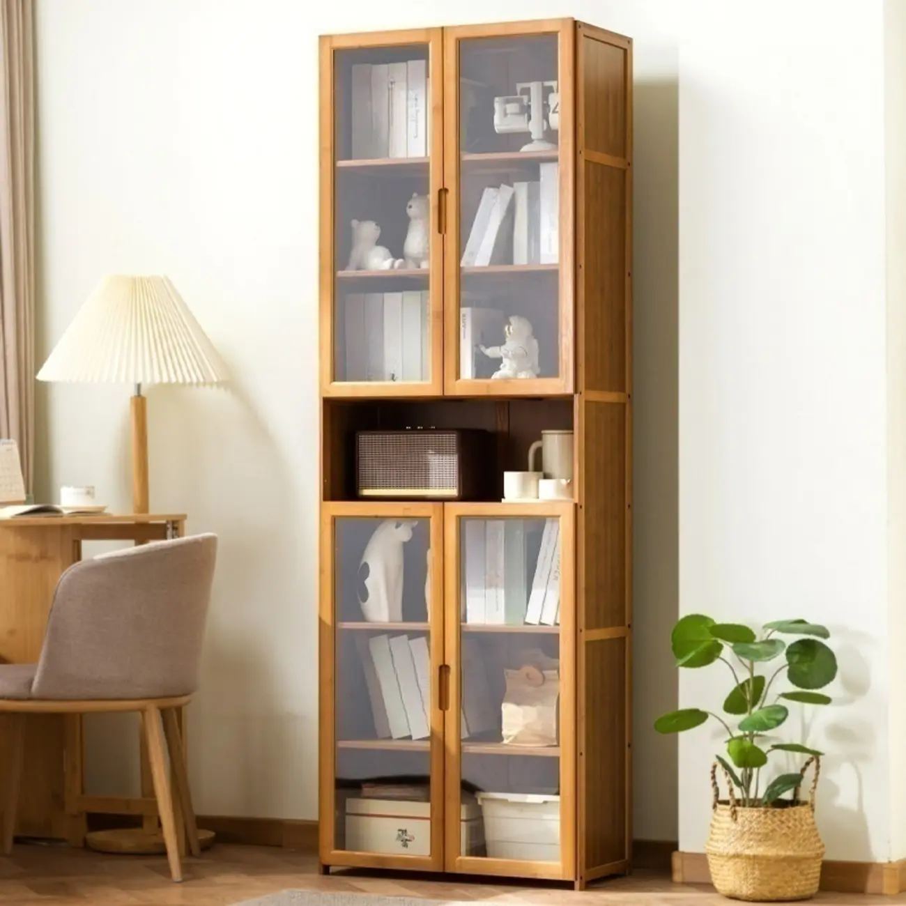 Freestanding Vintage Bamboo Curio Cabinet with Glass Door Image - 4 | homeyfad