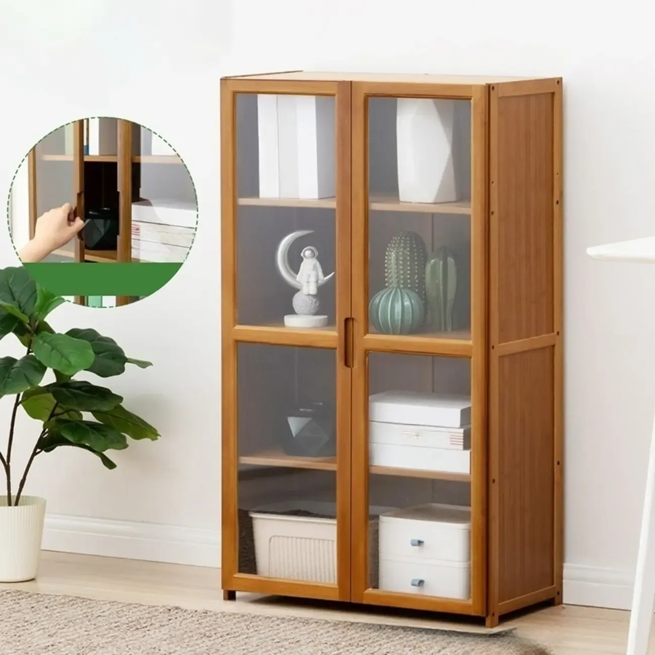 Freestanding Vintage Bamboo Curio Cabinet with Glass Door Image - 11