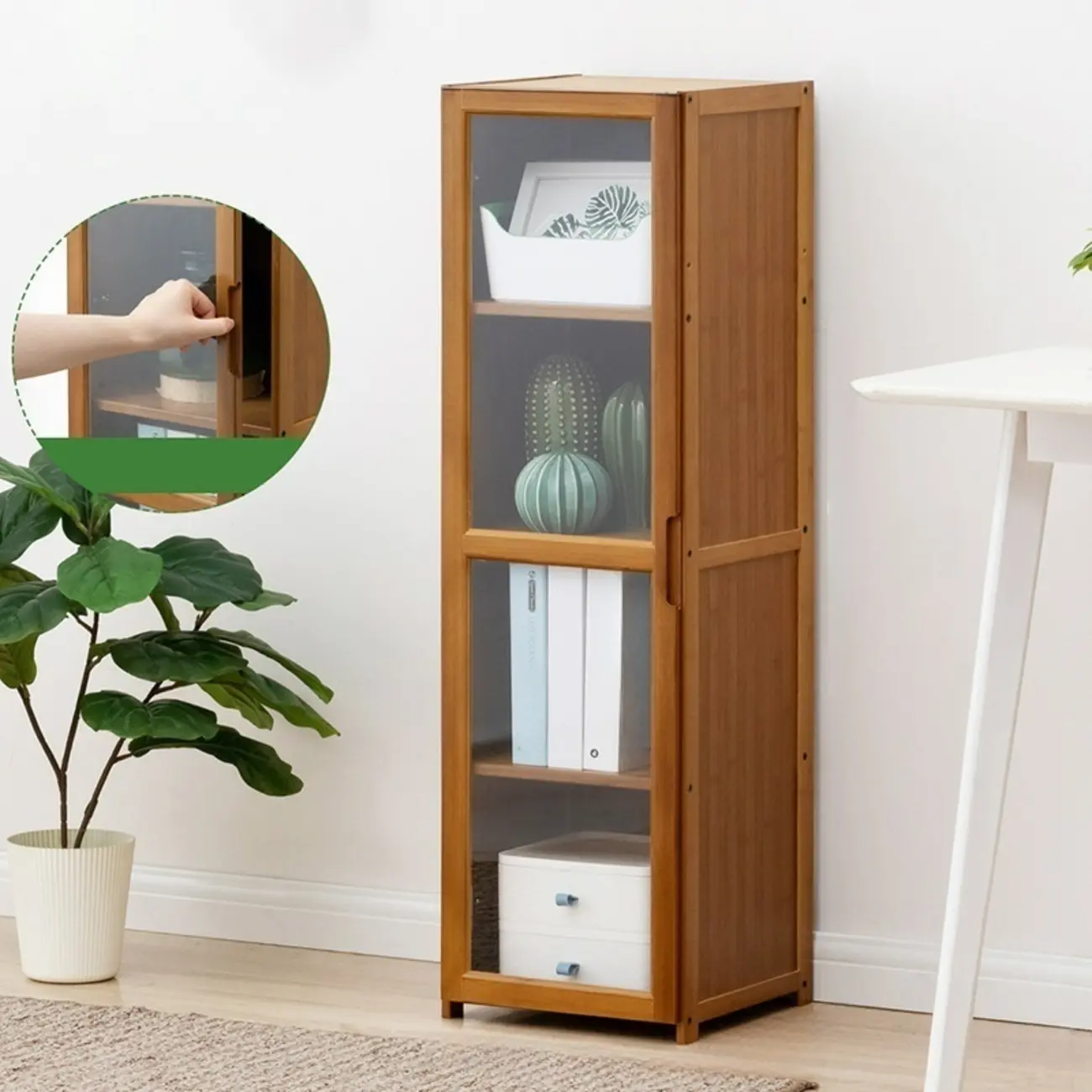 Freestanding Vintage Bamboo Curio Cabinet with Glass Door Image - 8 | homeyfad
