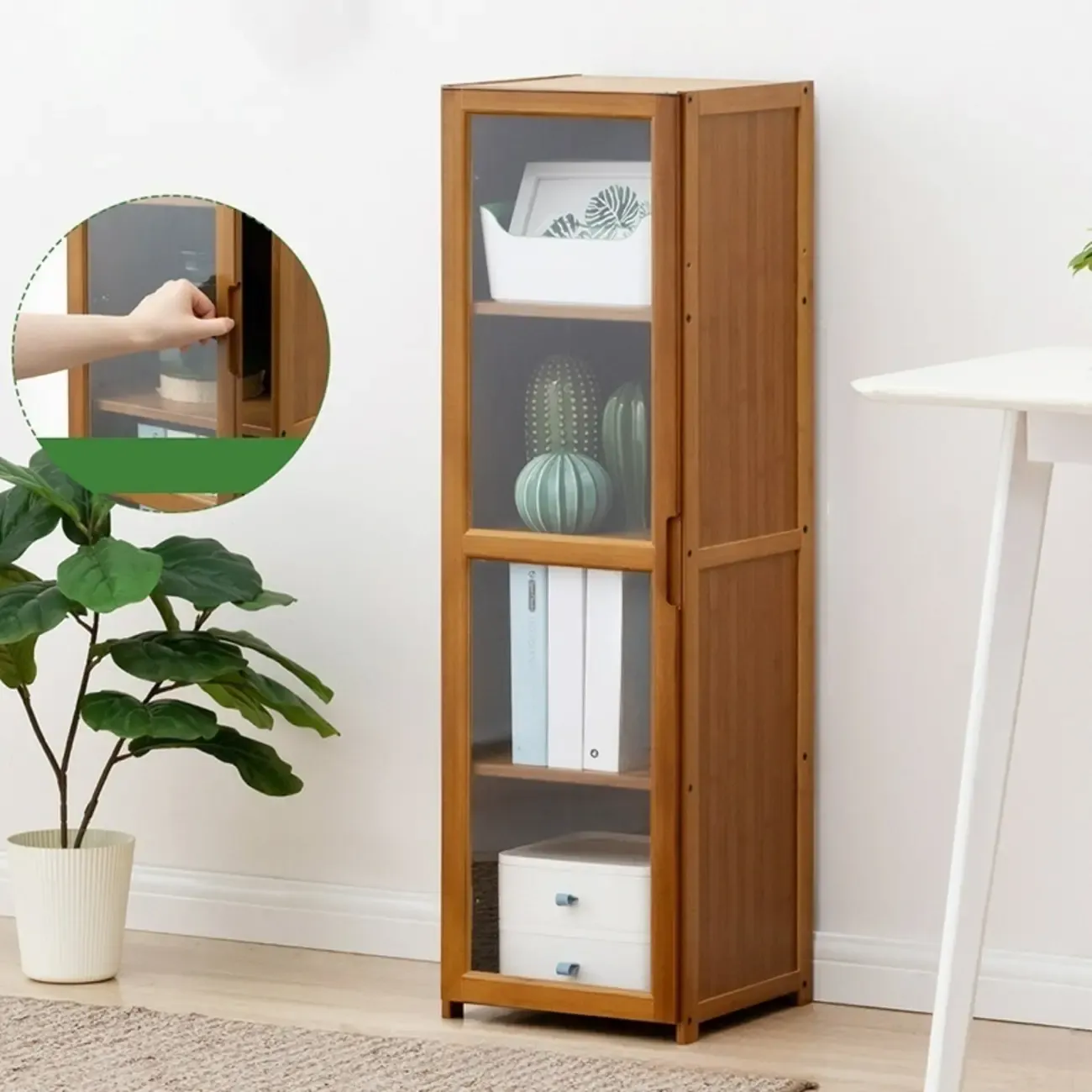 Freestanding Vintage Bamboo Curio Cabinet with Glass Door Image - 8