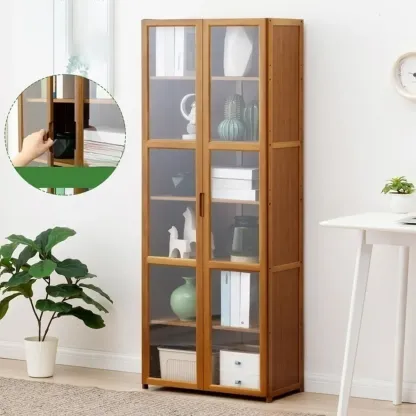 Freestanding Vintage Bamboo Curio Cabinet with Glass Door Image - 14