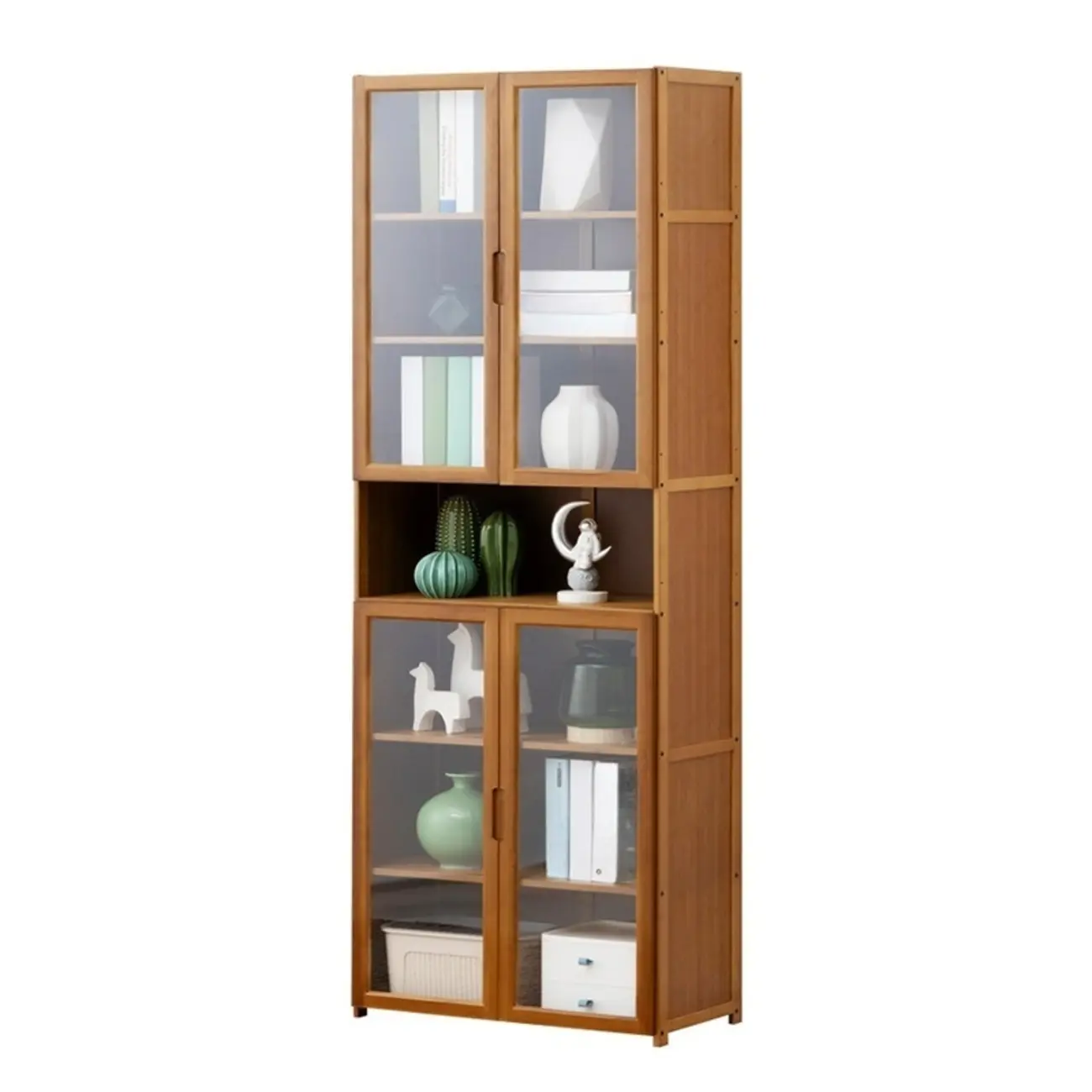 Freestanding Vintage Bamboo Curio Cabinet with Glass Door Image - 5 | homeyfad