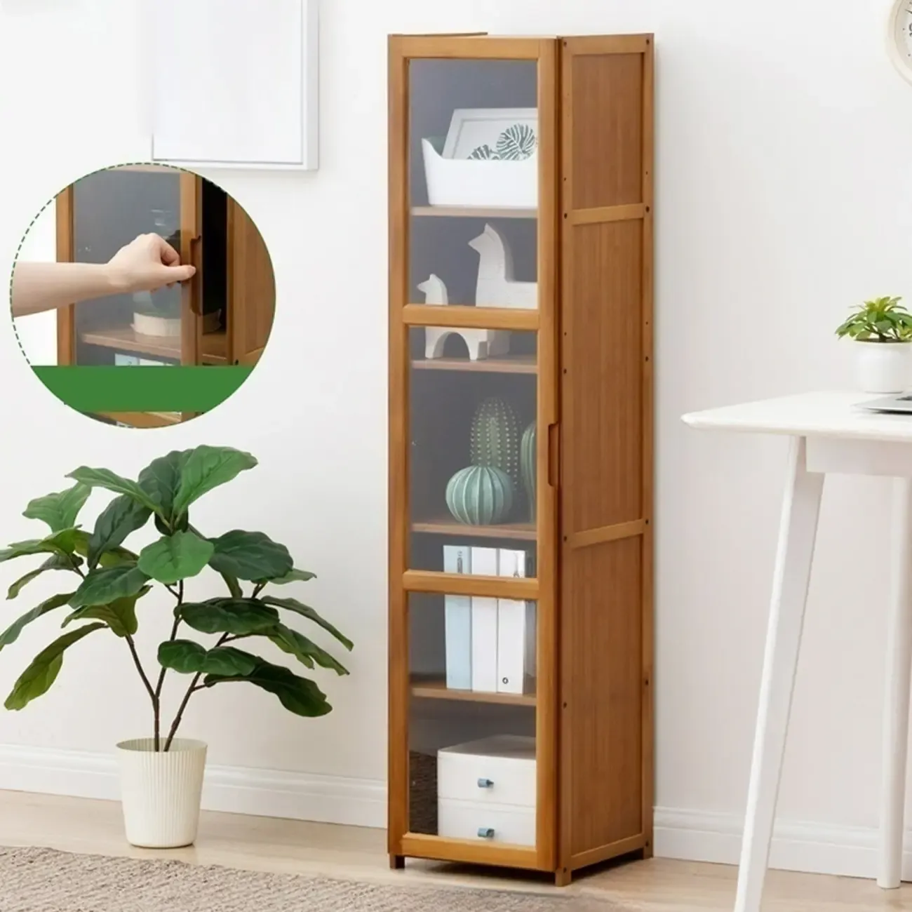 Freestanding Vintage Bamboo Curio Cabinet with Glass Door Image - 17