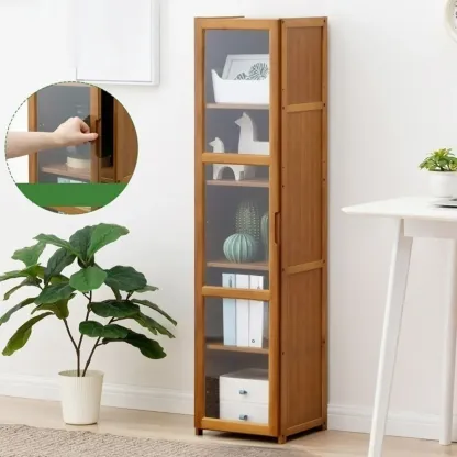 Freestanding Vintage Bamboo Curio Cabinet with Glass Door Image - 17