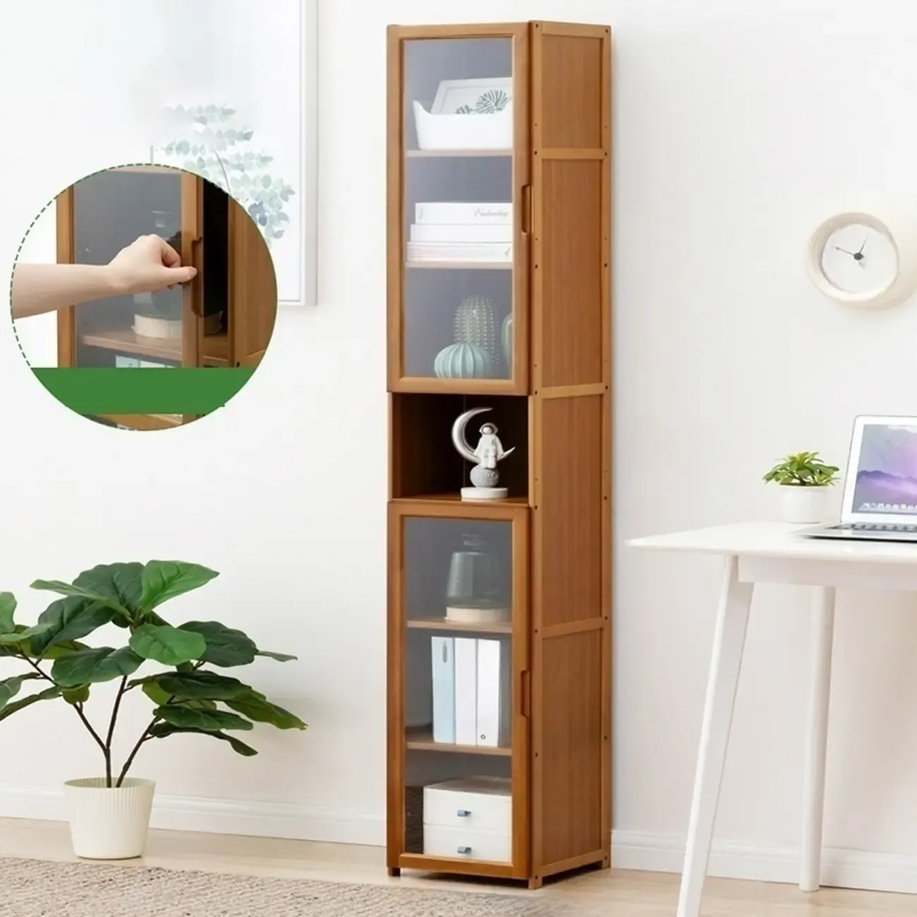 Freestanding Vintage Bamboo Curio Cabinet with Glass Door | HomeyFad