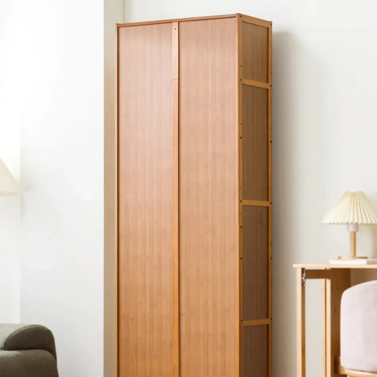 Freestanding Vintage Bamboo Curio Cabinet with Glass Door Image - 6